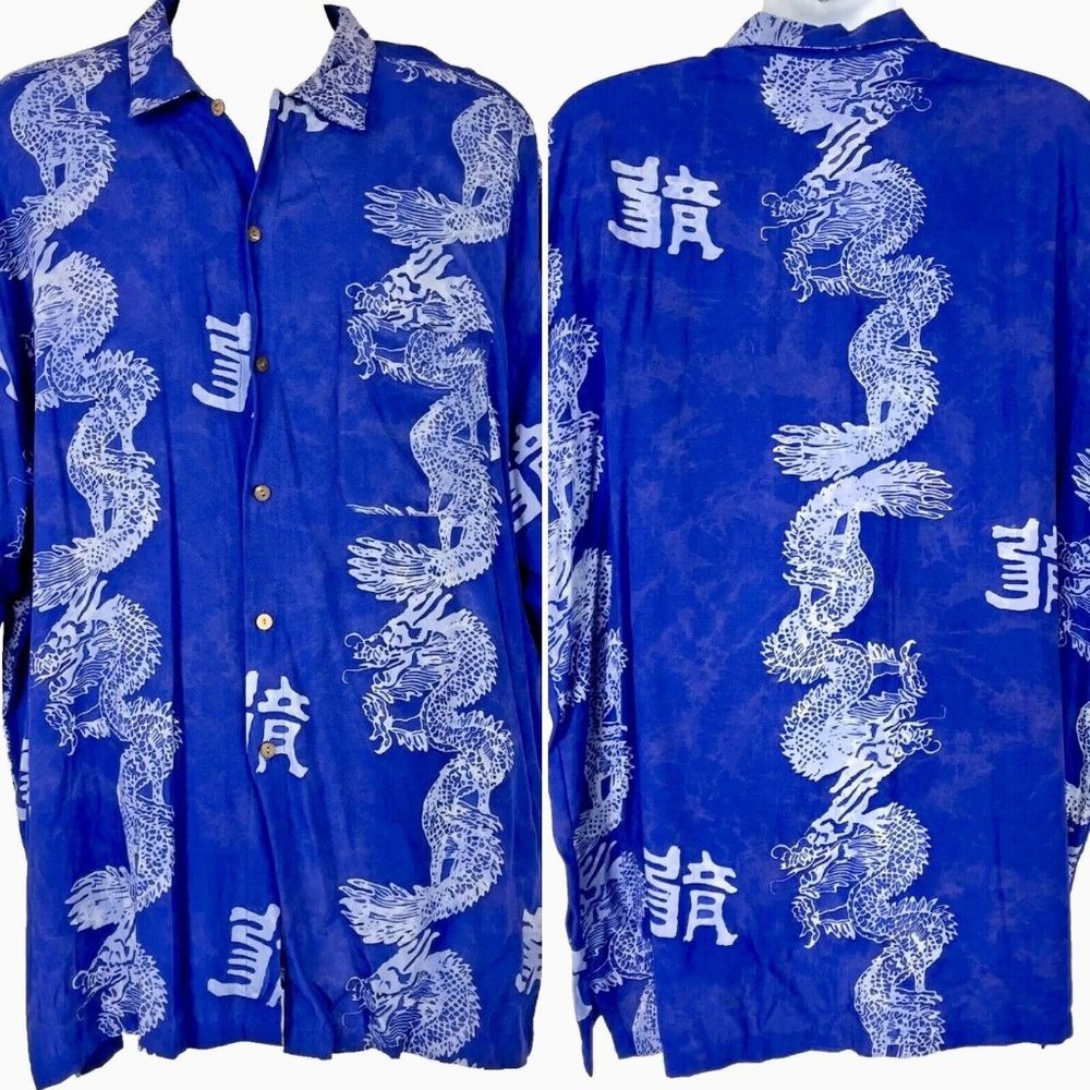 Chinese Dragon Batik Rayon XXL Blue Buttton Shirt size 2XL Mens 56x34 Bamboo